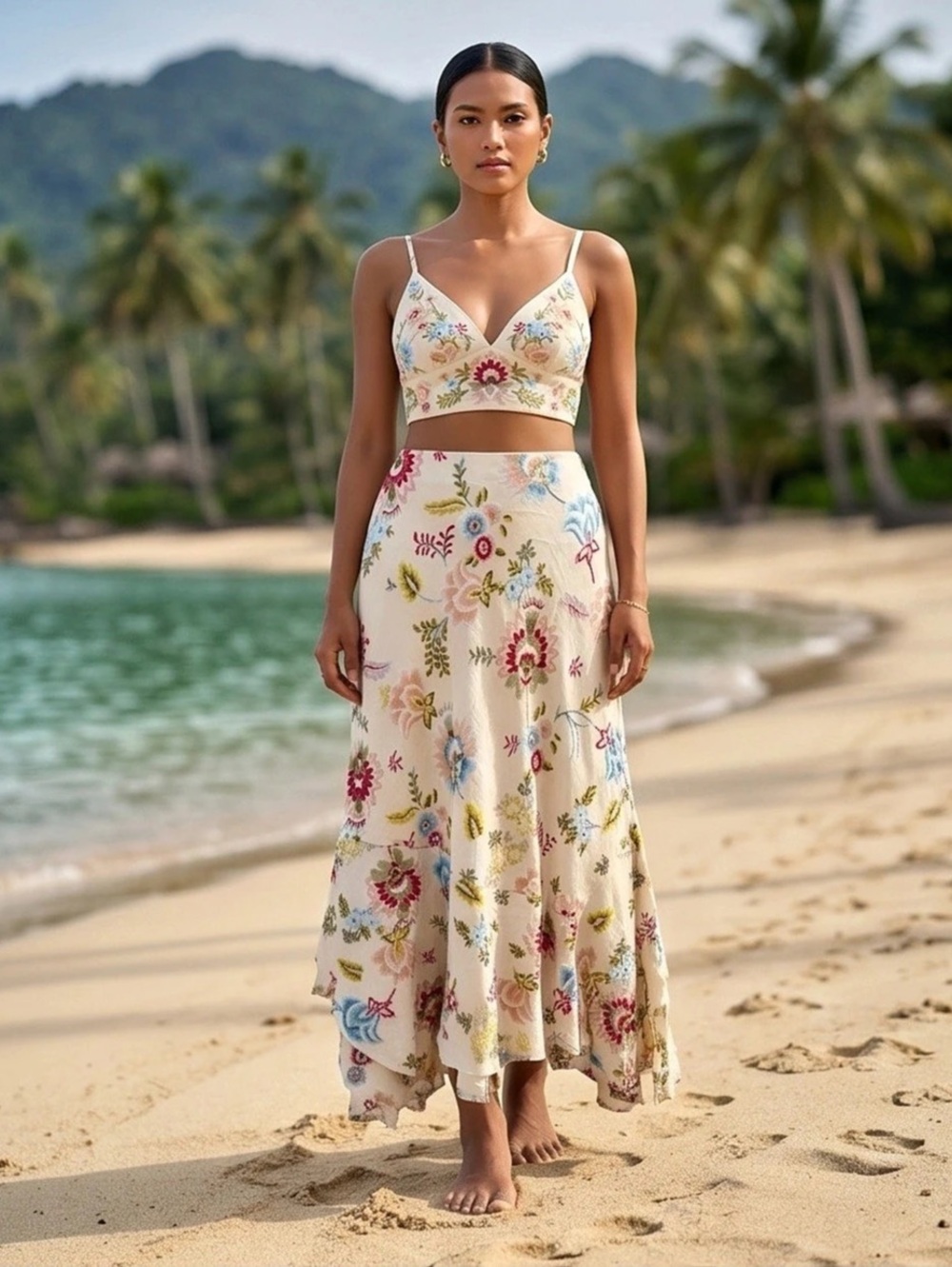 Floral Maxi Skirt in Cream & Multicolor New